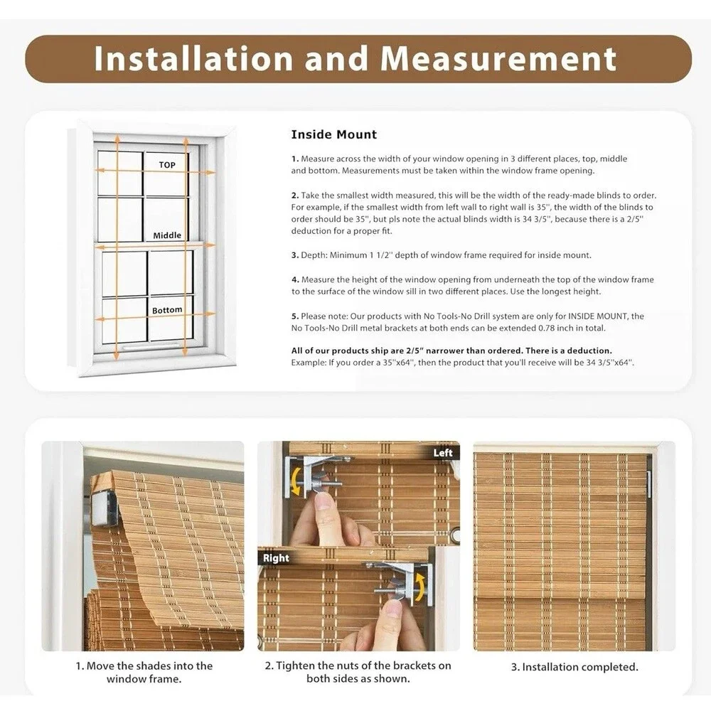 LazBlinds NoTools NoDrill Cordless Bamboo Roman ShadesLight Filtering 25.5”x64”